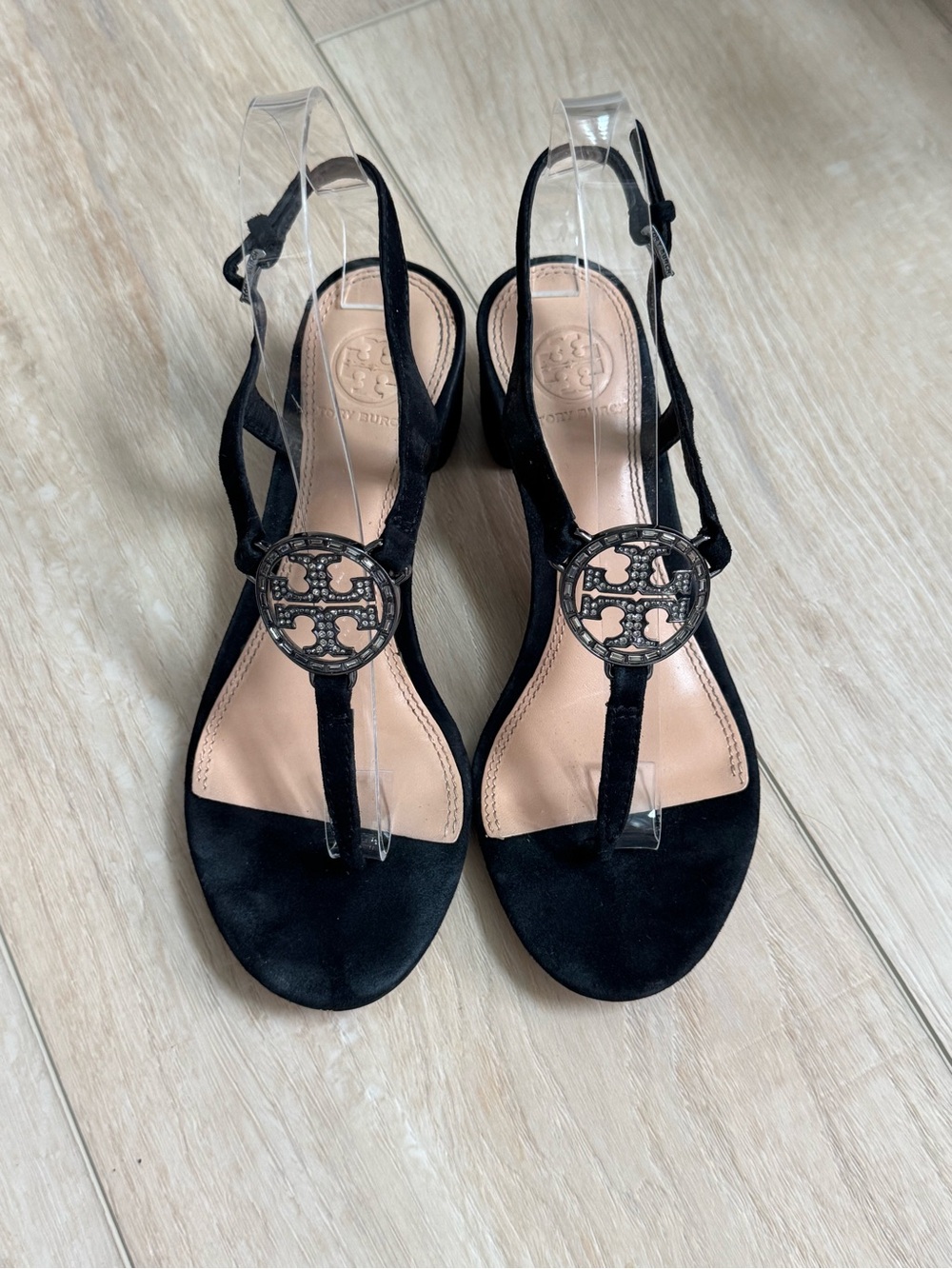 Tory Burch Black Suede Slingback Sandal with Crystal Logo